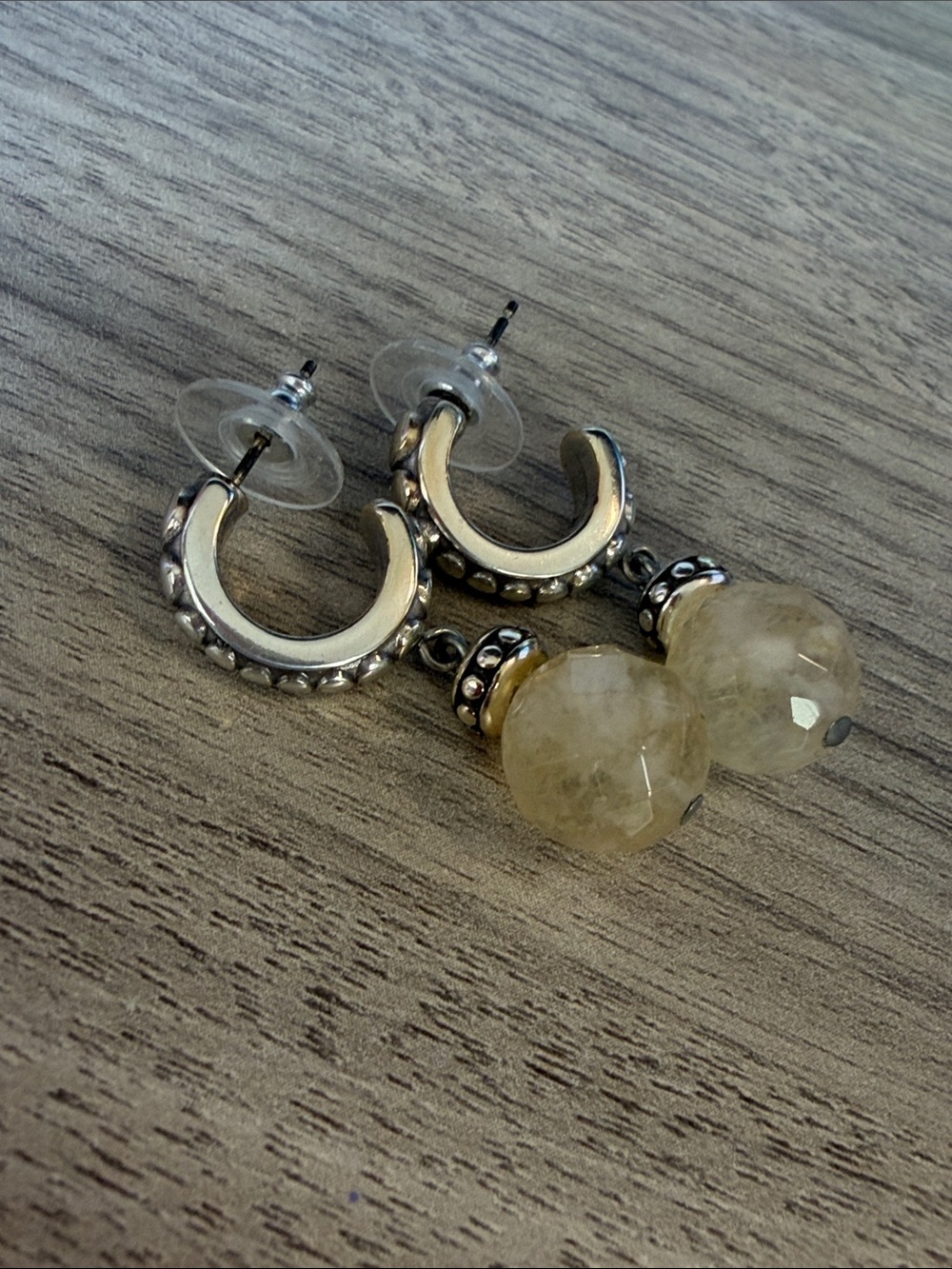 Brighton Silver Hoop Earrings with Faceted Citrine-Beige Drops